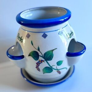Vintage Ceramic Herb Planter Blue Trim 8 Inch